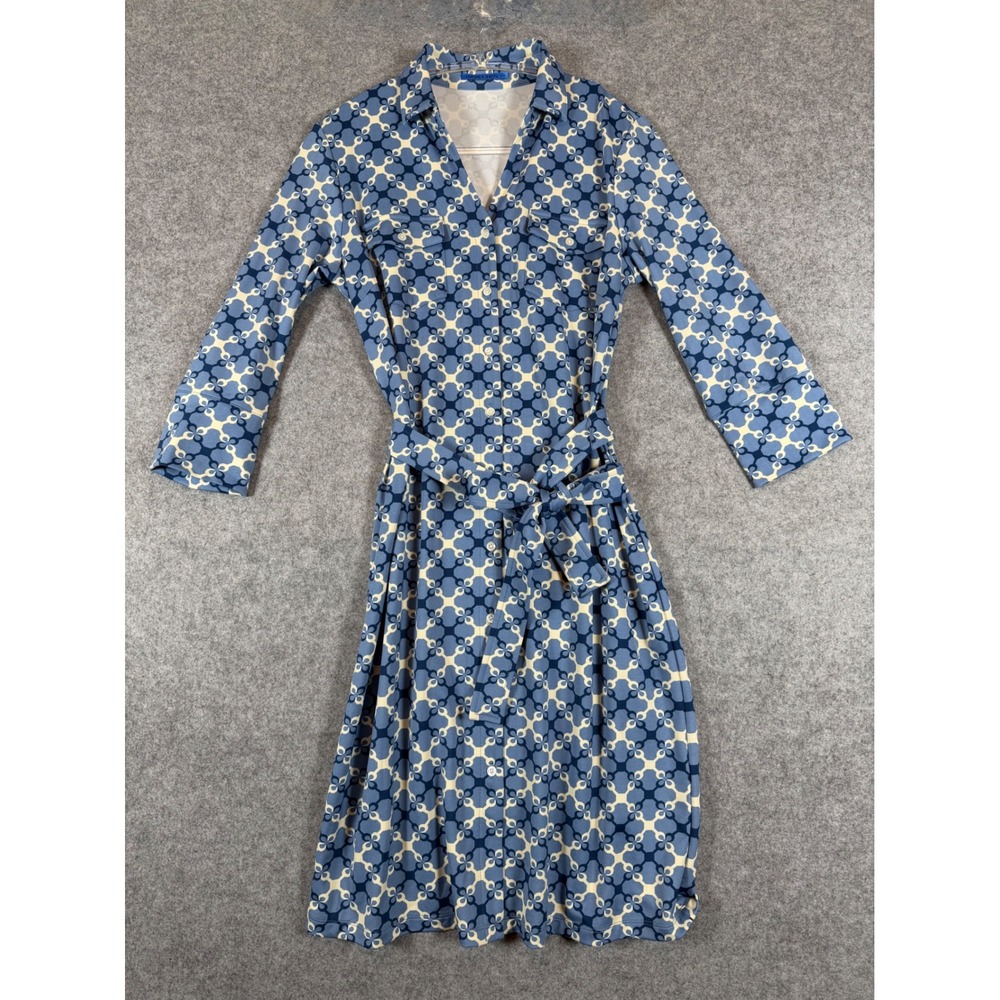 J.McLaughlin Shirt Dress Womens Medium Blue Excellent Geometric Tie Waist Midi